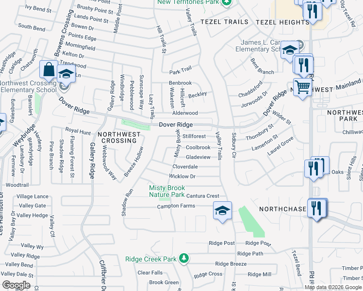 map of restaurants, bars, coffee shops, grocery stores, and more near 9606 Stillforest in San Antonio