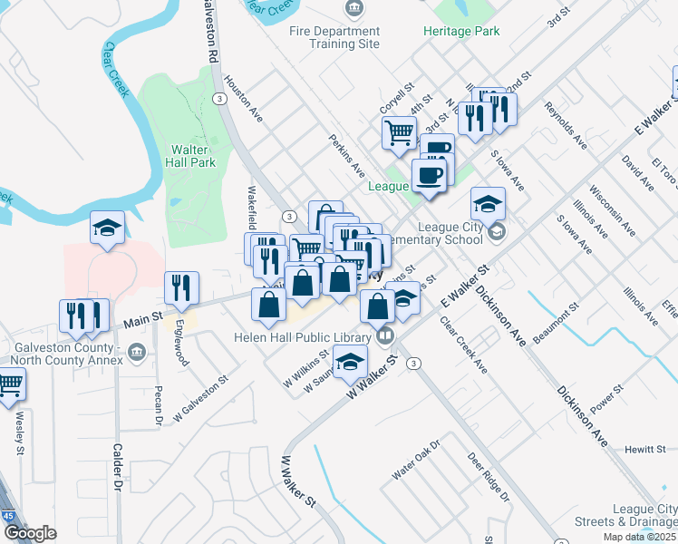 map of restaurants, bars, coffee shops, grocery stores, and more near 518 Farm to Market Road 518 in League City