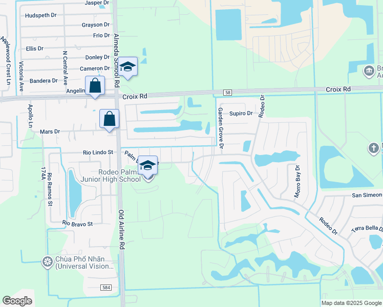 map of restaurants, bars, coffee shops, grocery stores, and more near 1 Garden Spring Court in Manvel