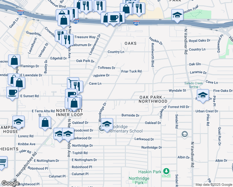 map of restaurants, bars, coffee shops, grocery stores, and more near 215 Rockhill Drive in San Antonio