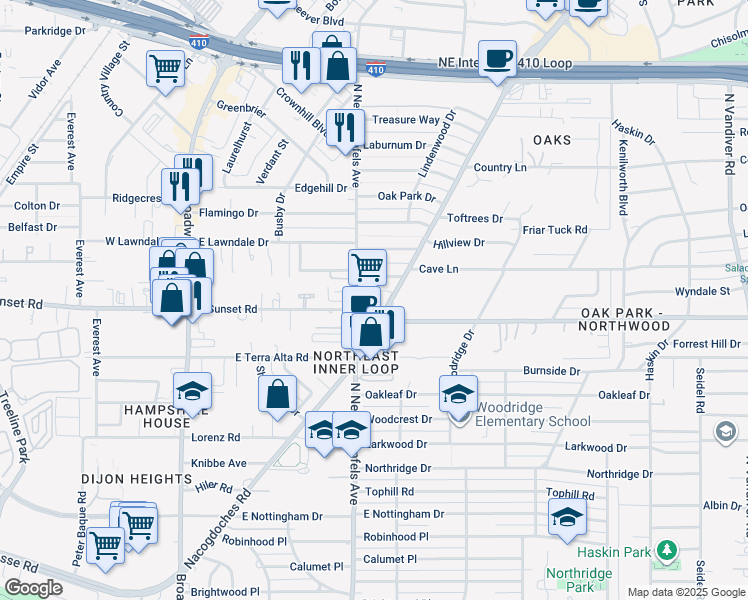 map of restaurants, bars, coffee shops, grocery stores, and more near 1955 Nacogdoches Road in San Antonio