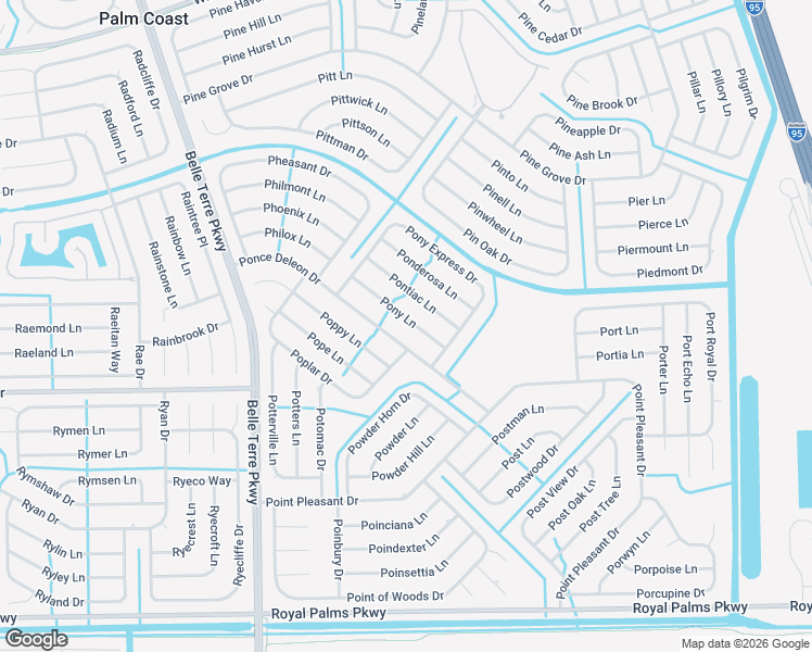 map of restaurants, bars, coffee shops, grocery stores, and more near 16 Pony Lane in Palm Coast