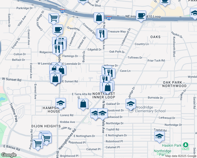 map of restaurants, bars, coffee shops, grocery stores, and more near 74 Camellia Way in San Antonio