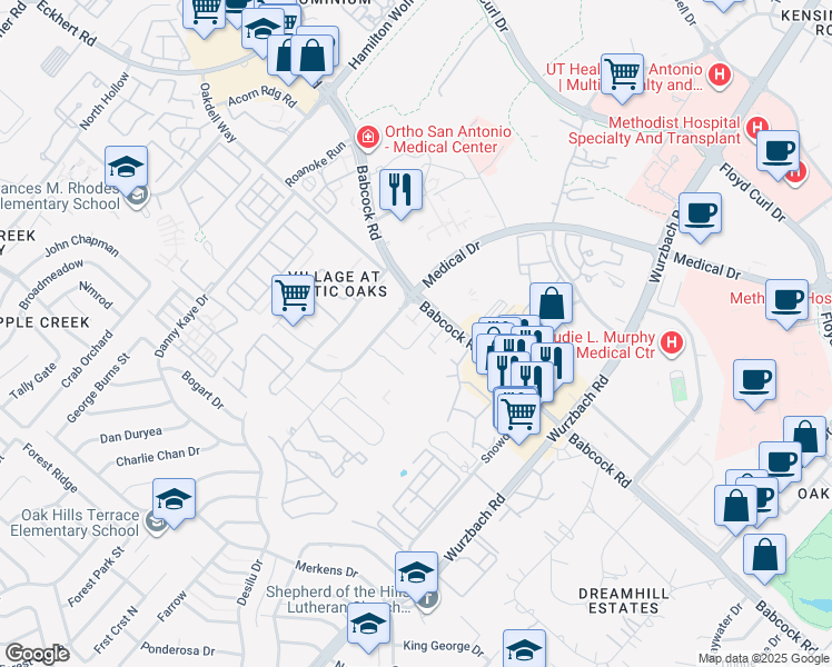 map of restaurants, bars, coffee shops, grocery stores, and more near 5330 Medical Drive in San Antonio