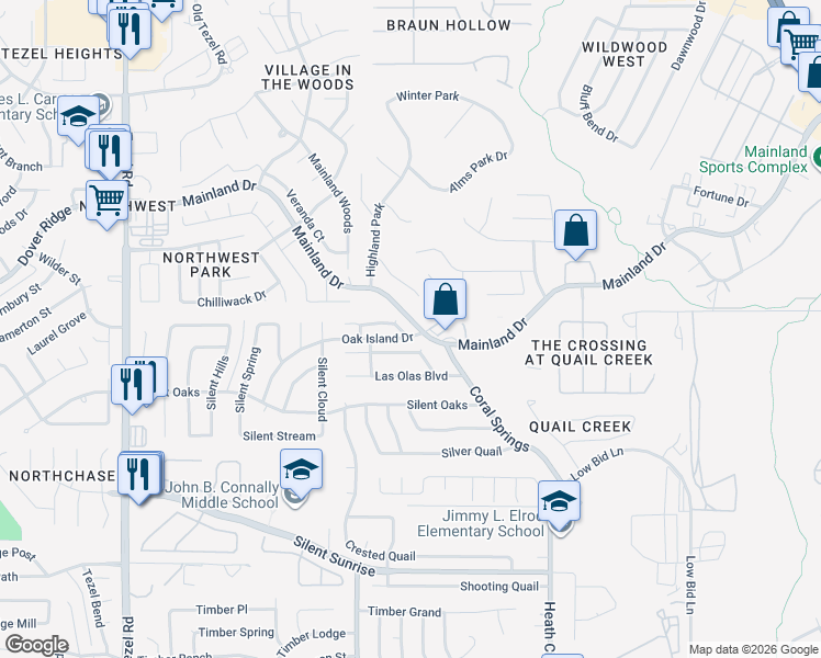 map of restaurants, bars, coffee shops, grocery stores, and more near 10102 Winton Park Drive in San Antonio
