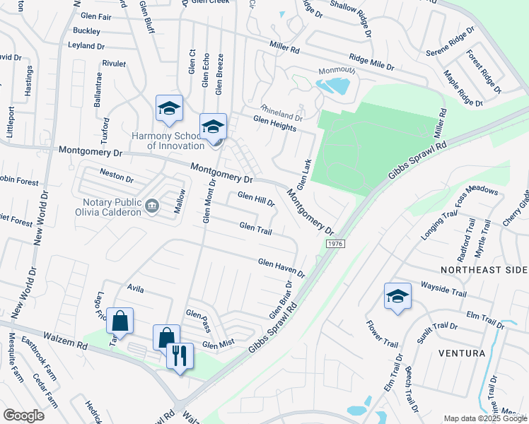 map of restaurants, bars, coffee shops, grocery stores, and more near 7238 Glen Hill in San Antonio