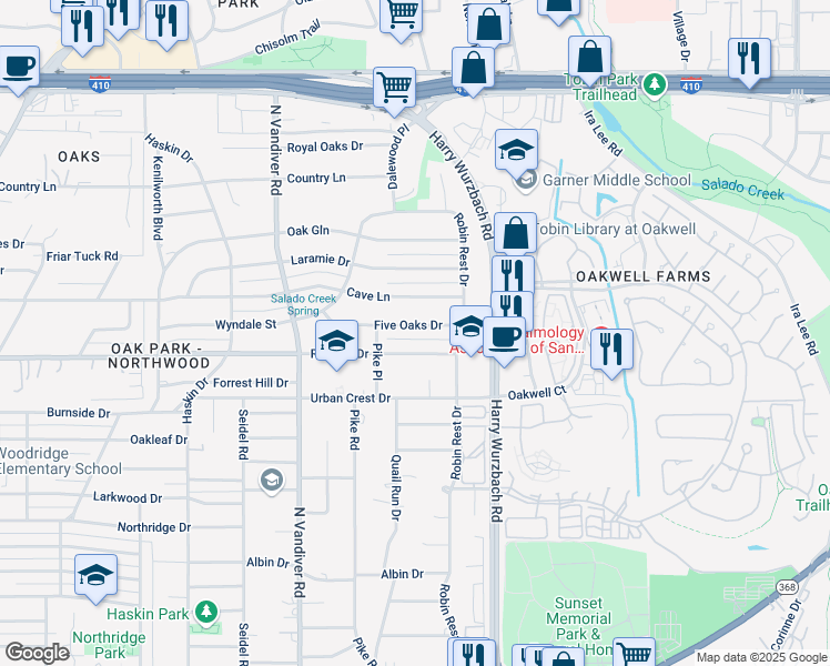 map of restaurants, bars, coffee shops, grocery stores, and more near 219 5 Oaks Drive in San Antonio