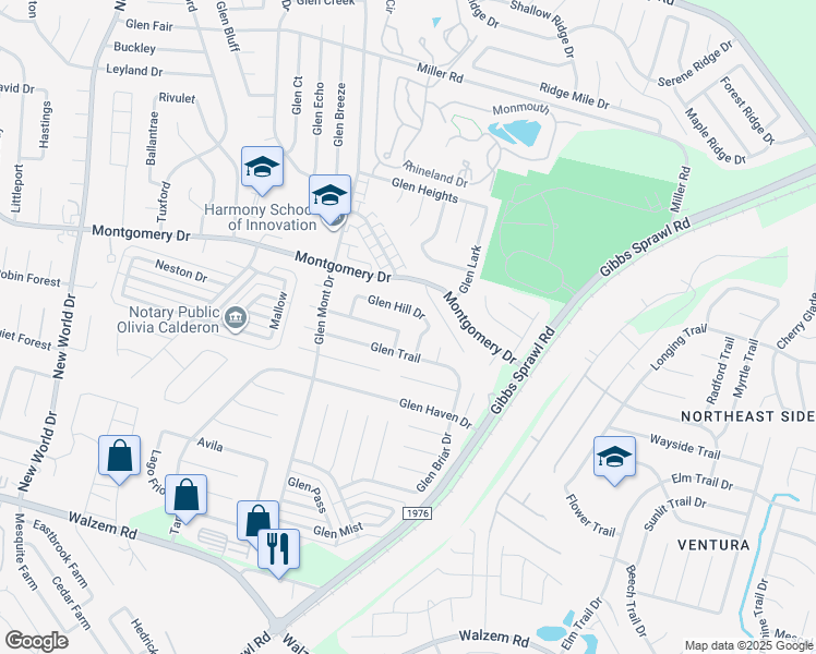 map of restaurants, bars, coffee shops, grocery stores, and more near 7238 Glen Hill in San Antonio