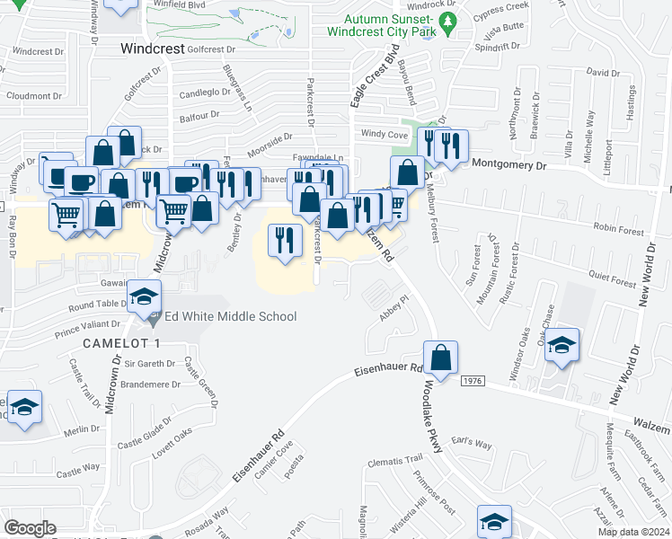 map of restaurants, bars, coffee shops, grocery stores, and more near 5740 Walzem Road in San Antonio