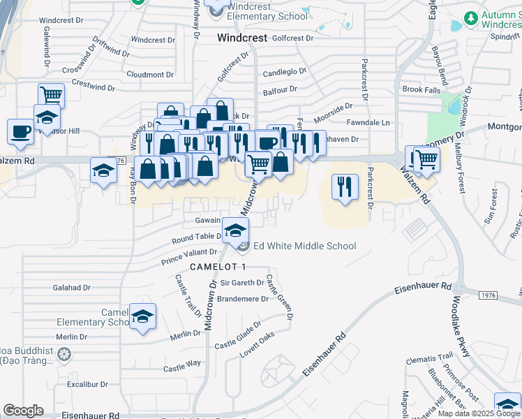 map of restaurants, bars, coffee shops, grocery stores, and more near 8000 Midcrown Drive in San Antonio