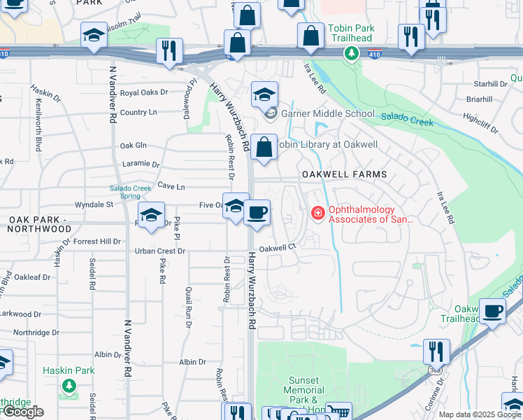 map of restaurants, bars, coffee shops, grocery stores, and more near 3938 Harry Wurzbach Road in San Antonio