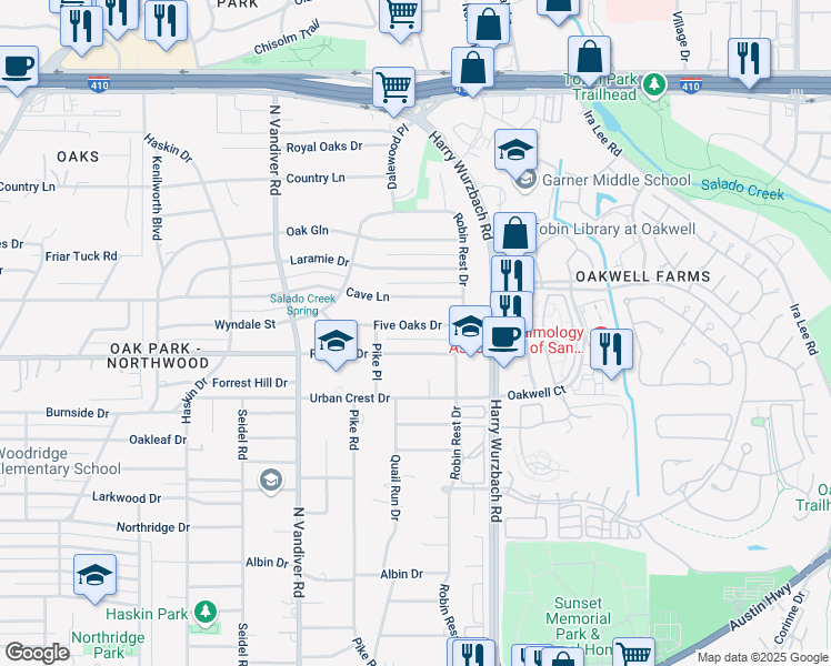 map of restaurants, bars, coffee shops, grocery stores, and more near 219 5 Oaks Drive in San Antonio