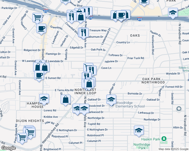 map of restaurants, bars, coffee shops, grocery stores, and more near 1942 Nacogdoches Road in San Antonio