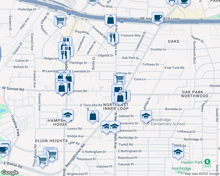 map of restaurants, bars, coffee shops, grocery stores, and more near 74 Camellia Way in San Antonio