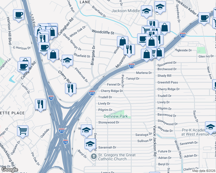 map of restaurants, bars, coffee shops, grocery stores, and more near 247 Fennel Drive in San Antonio