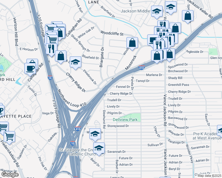 map of restaurants, bars, coffee shops, grocery stores, and more near 247 Fennel Drive in San Antonio