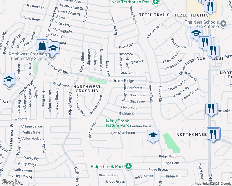 map of restaurants, bars, coffee shops, grocery stores, and more near 7135 Shadow Run in San Antonio