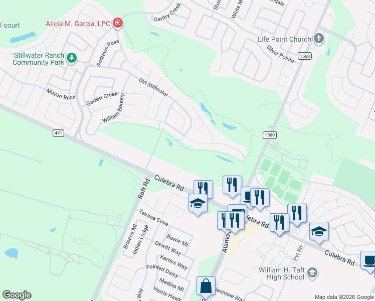 map of restaurants, bars, coffee shops, grocery stores, and more near 12030 White River Drive in San Antonio