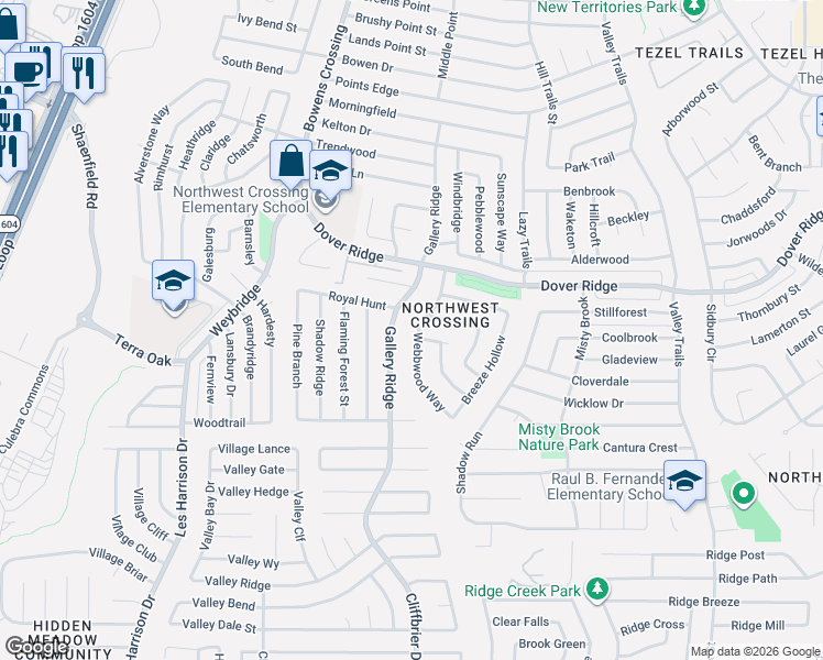 map of restaurants, bars, coffee shops, grocery stores, and more near 7219 Webbwood Way in San Antonio