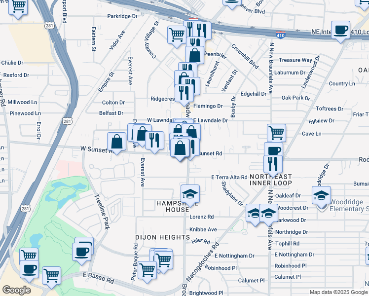 map of restaurants, bars, coffee shops, grocery stores, and more near 8018 Broadway in San Antonio