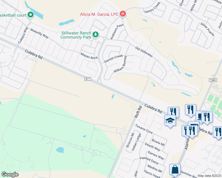 map of restaurants, bars, coffee shops, grocery stores, and more near 12505 Culebra Road in San Antonio