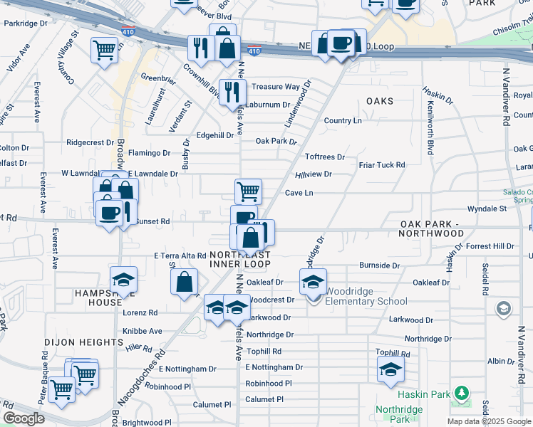 map of restaurants, bars, coffee shops, grocery stores, and more near 1955 Nacogdoches Road in San Antonio