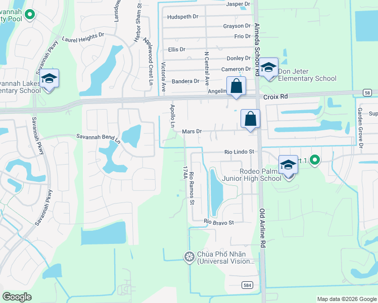 map of restaurants, bars, coffee shops, grocery stores, and more near 5439 Apollo Lane in Rosharon
