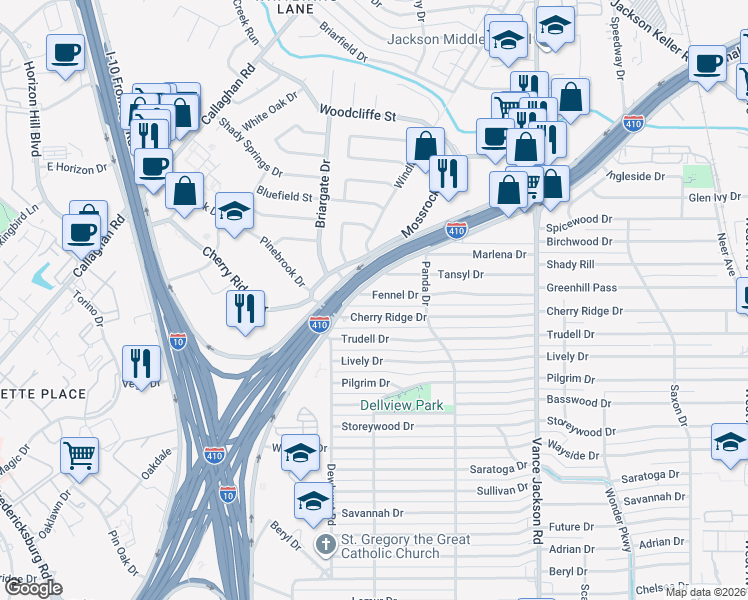 map of restaurants, bars, coffee shops, grocery stores, and more near 247 Fennel Drive in San Antonio
