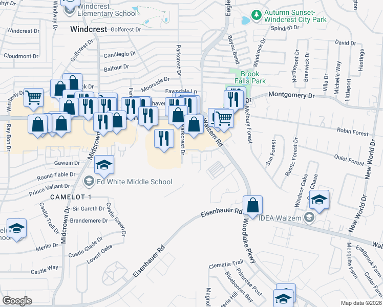 map of restaurants, bars, coffee shops, grocery stores, and more near 5740 Walzem Road in San Antonio