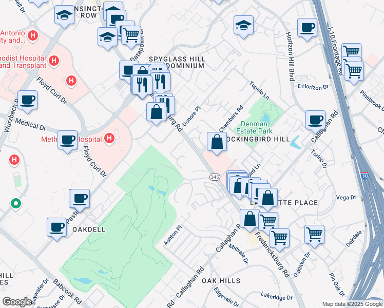 map of restaurants, bars, coffee shops, grocery stores, and more near 5515 Fredericksburg Road in San Antonio