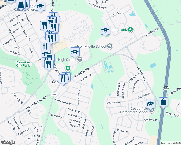 map of restaurants, bars, coffee shops, grocery stores, and more near 249 Ralston Drive in Converse