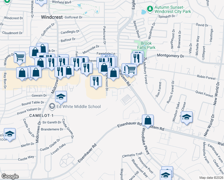 map of restaurants, bars, coffee shops, grocery stores, and more near 5740 Walzem Road in San Antonio