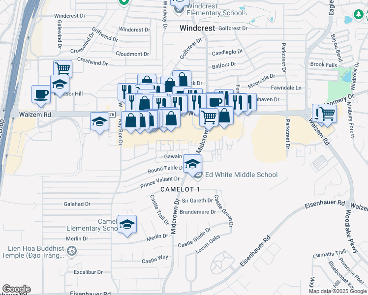 map of restaurants, bars, coffee shops, grocery stores, and more near 5341 Gawain Drive in San Antonio