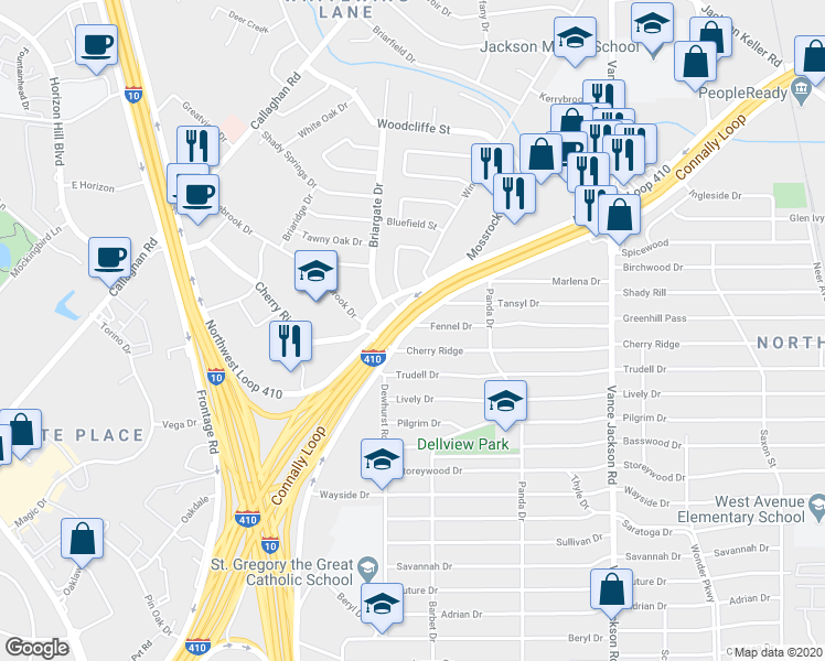 map of restaurants, bars, coffee shops, grocery stores, and more near 247 Fennel Drive in San Antonio