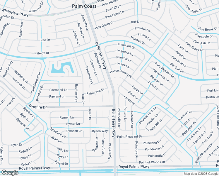 map of restaurants, bars, coffee shops, grocery stores, and more near 65 Raintree Place in Palm Coast