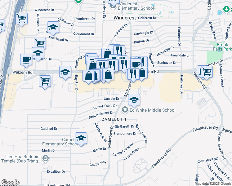 map of restaurants, bars, coffee shops, grocery stores, and more near 5341 Gawain Drive in San Antonio
