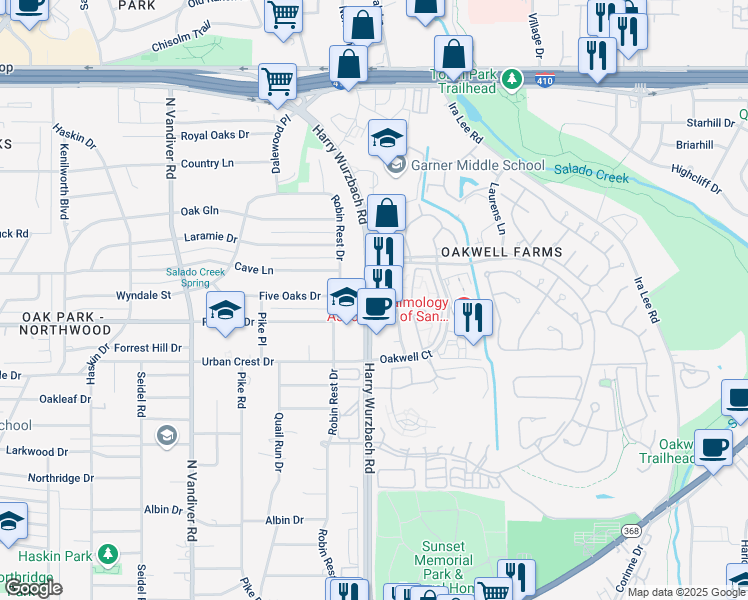 map of restaurants, bars, coffee shops, grocery stores, and more near 3938 Harry Wurzbach Road in San Antonio