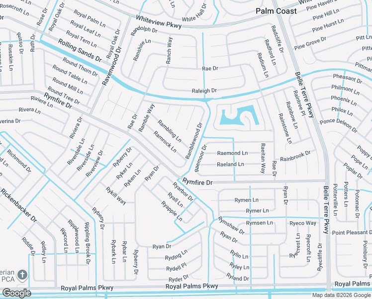 map of restaurants, bars, coffee shops, grocery stores, and more near 28 Rambling Lane in Palm Coast