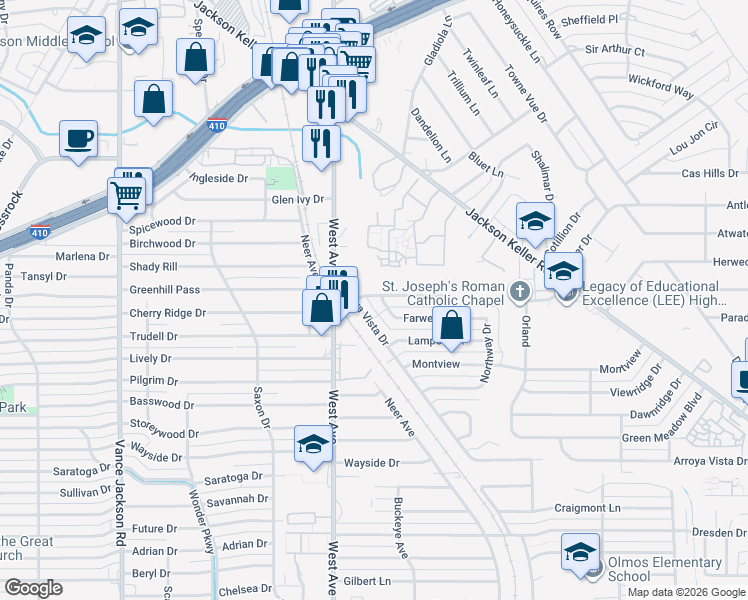map of restaurants, bars, coffee shops, grocery stores, and more near 2011 Candlelight Lane in San Antonio