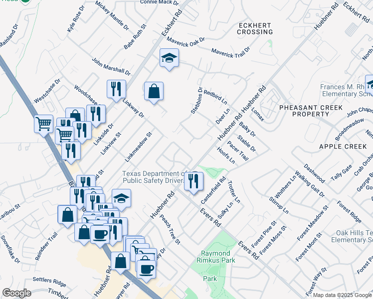 map of restaurants, bars, coffee shops, grocery stores, and more near 6523 Pecan Acres Drive in San Antonio