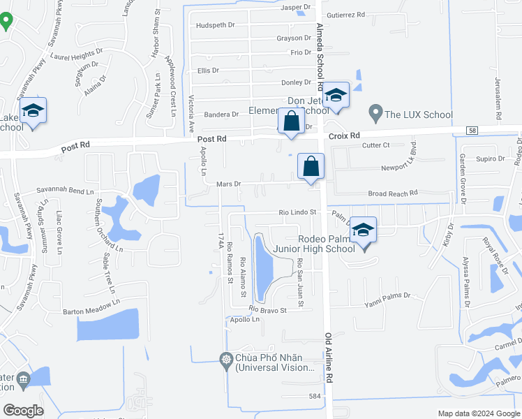 map of restaurants, bars, coffee shops, grocery stores, and more near 12717 Rio Lindo Street in Rosharon