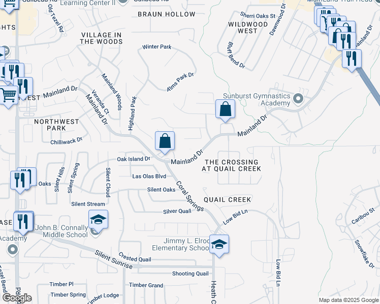 map of restaurants, bars, coffee shops, grocery stores, and more near 7585 Mainland Drive in San Antonio