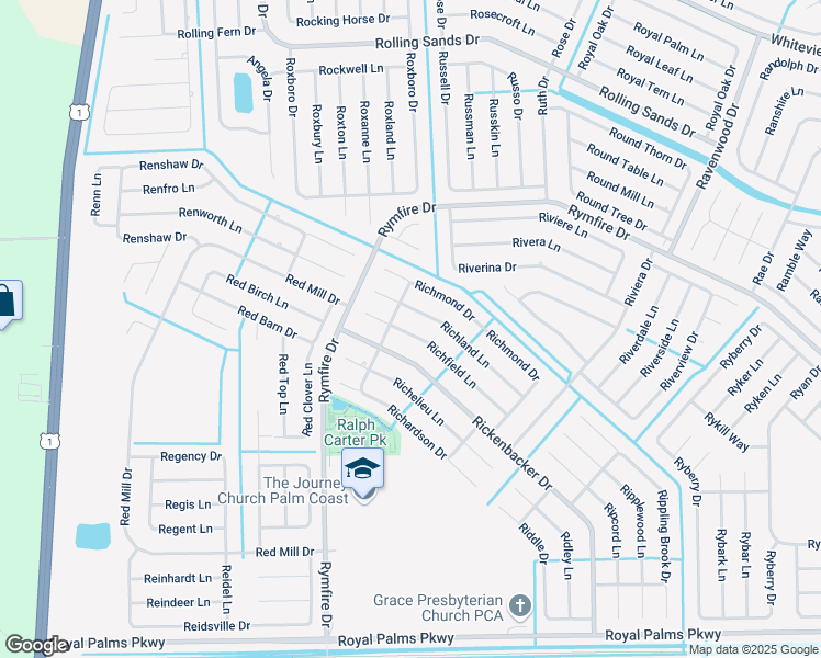 map of restaurants, bars, coffee shops, grocery stores, and more near 3 Richfield Lane in Palm Coast