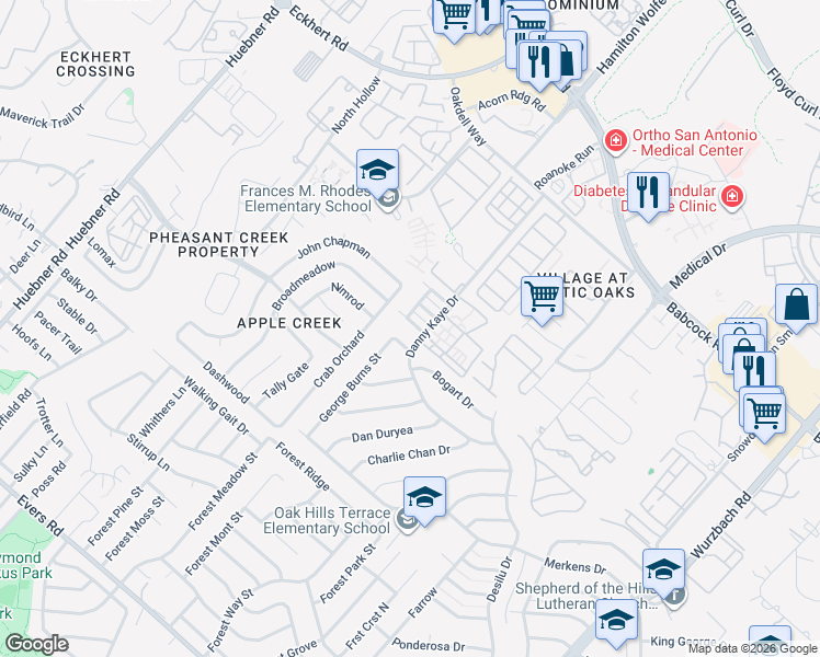 map of restaurants, bars, coffee shops, grocery stores, and more near 5815 Rue Burgundy in San Antonio