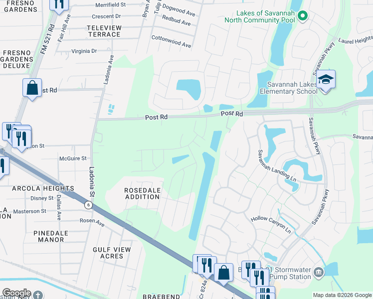map of restaurants, bars, coffee shops, grocery stores, and more near 1010 Post Street in Rosharon