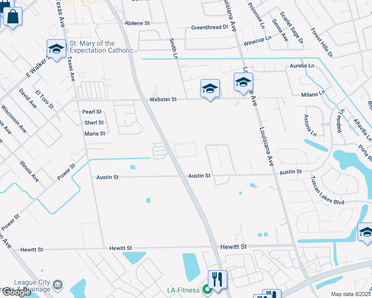 map of restaurants, bars, coffee shops, grocery stores, and more near 1001 Red River Street in League City