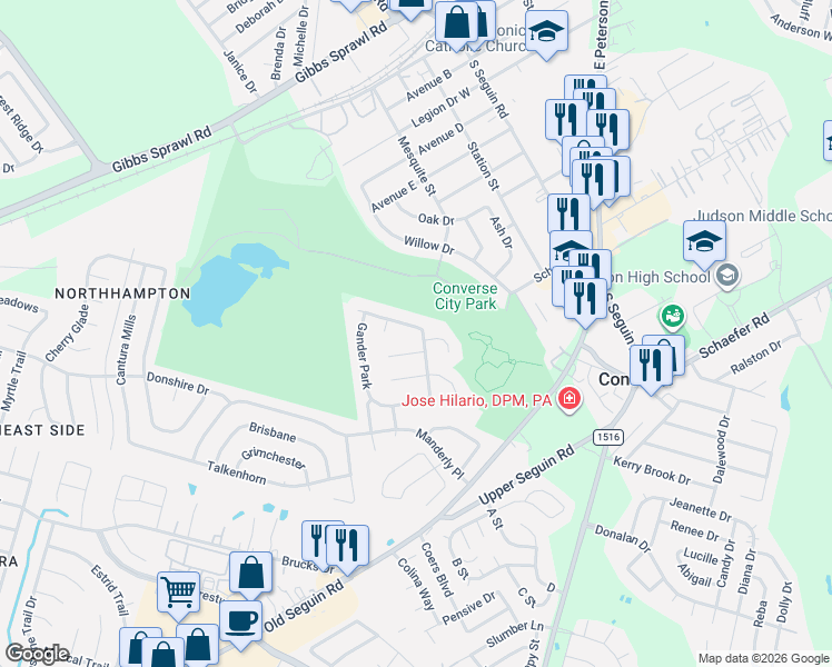 map of restaurants, bars, coffee shops, grocery stores, and more near 8416 Jaybrook Drive in Converse