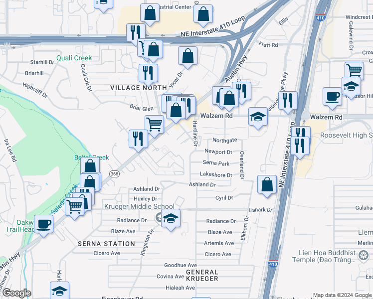 map of restaurants, bars, coffee shops, grocery stores, and more near 403 Hartline Drive in San Antonio