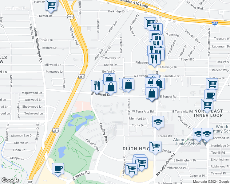 map of restaurants, bars, coffee shops, grocery stores, and more near 323 West Sunset Road in San Antonio
