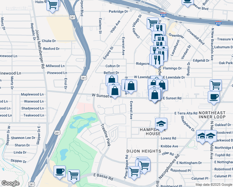 map of restaurants, bars, coffee shops, grocery stores, and more near 323 West Sunset Road in San Antonio
